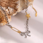 18K Gold and Silver Starry Bow Pendant Pearl Safety Pin Chain Necklace
