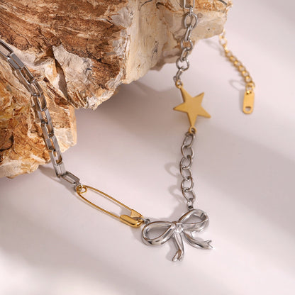 18K Gold and Silver Starry Bow Pendant Pearl Safety Pin Chain Layered Necklace Set