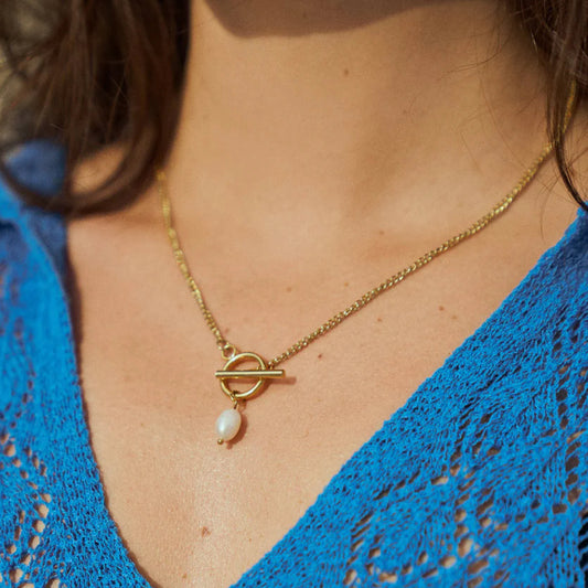 18K Gold Simple Pearl Pendant Toggle Chain Necklace