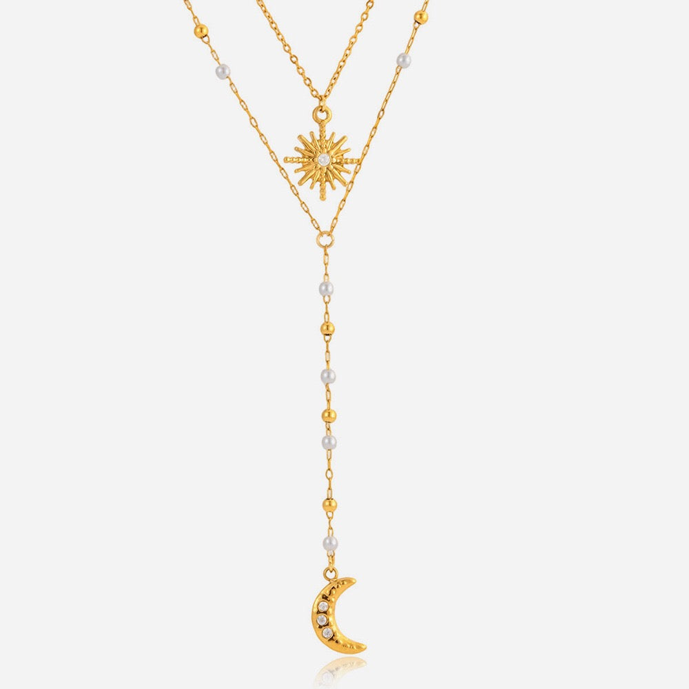 18K Gold Eclipse Spark Sun and Moon Pearl Pendant Y shape Lariat Layered Necklace