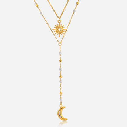 18K Gold Eclipse Spark Sun and Moon Pearl Pendant Y shape Lariat Layered Necklace