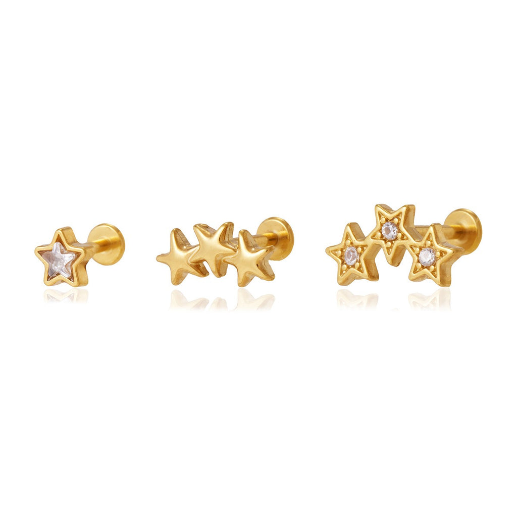 18K Gold Celestial Glow Stars Flat Back Stud Nap Earrings Set