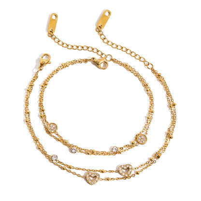 18K Gold Moonkiss Double Chain Heart Dainty Bracelet Stacks