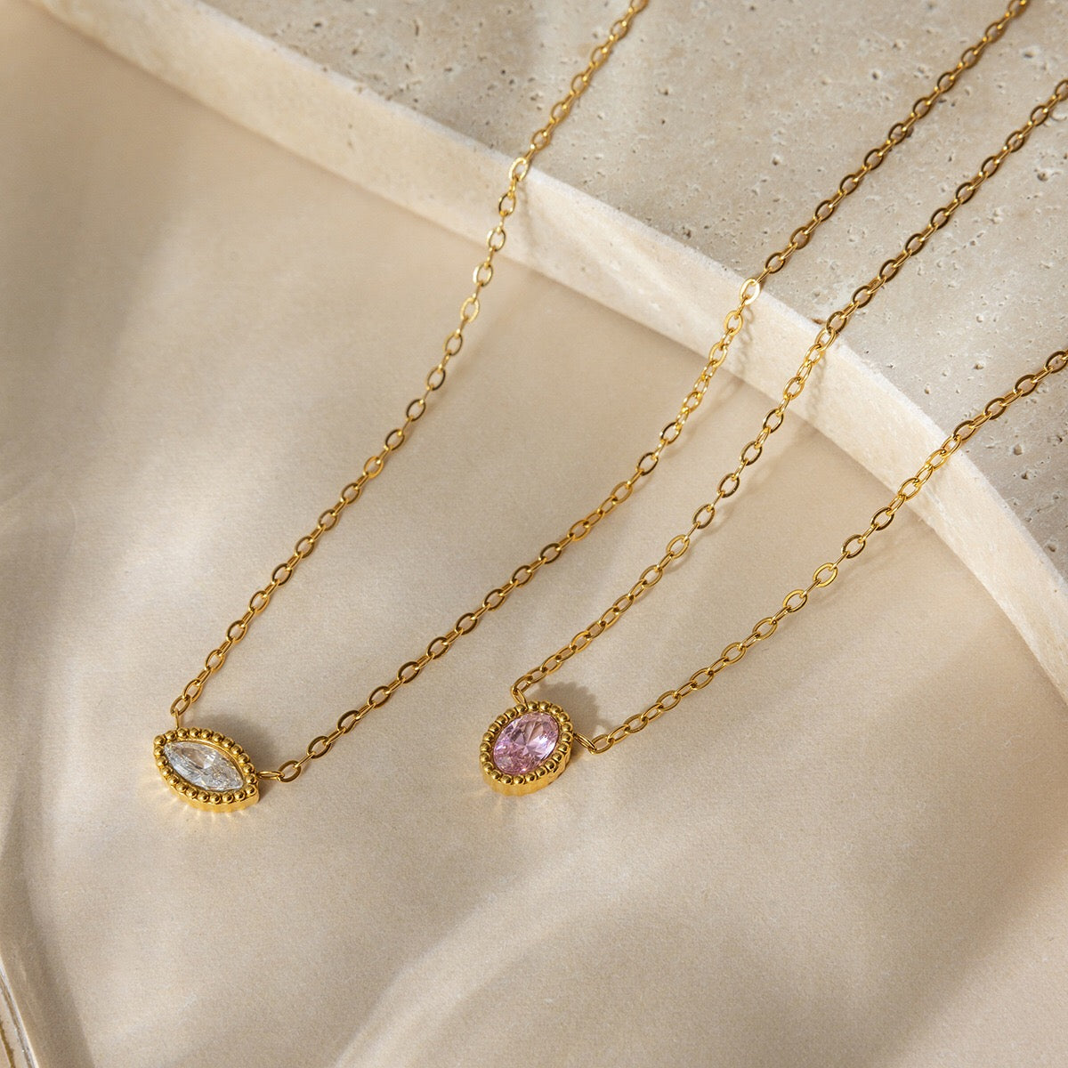 18K Gold Subtle Pink Dainty Bezel Pendant Necklace