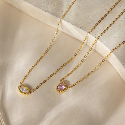 18K Gold Subtle Pink Dainty Bezel Pendant Necklace