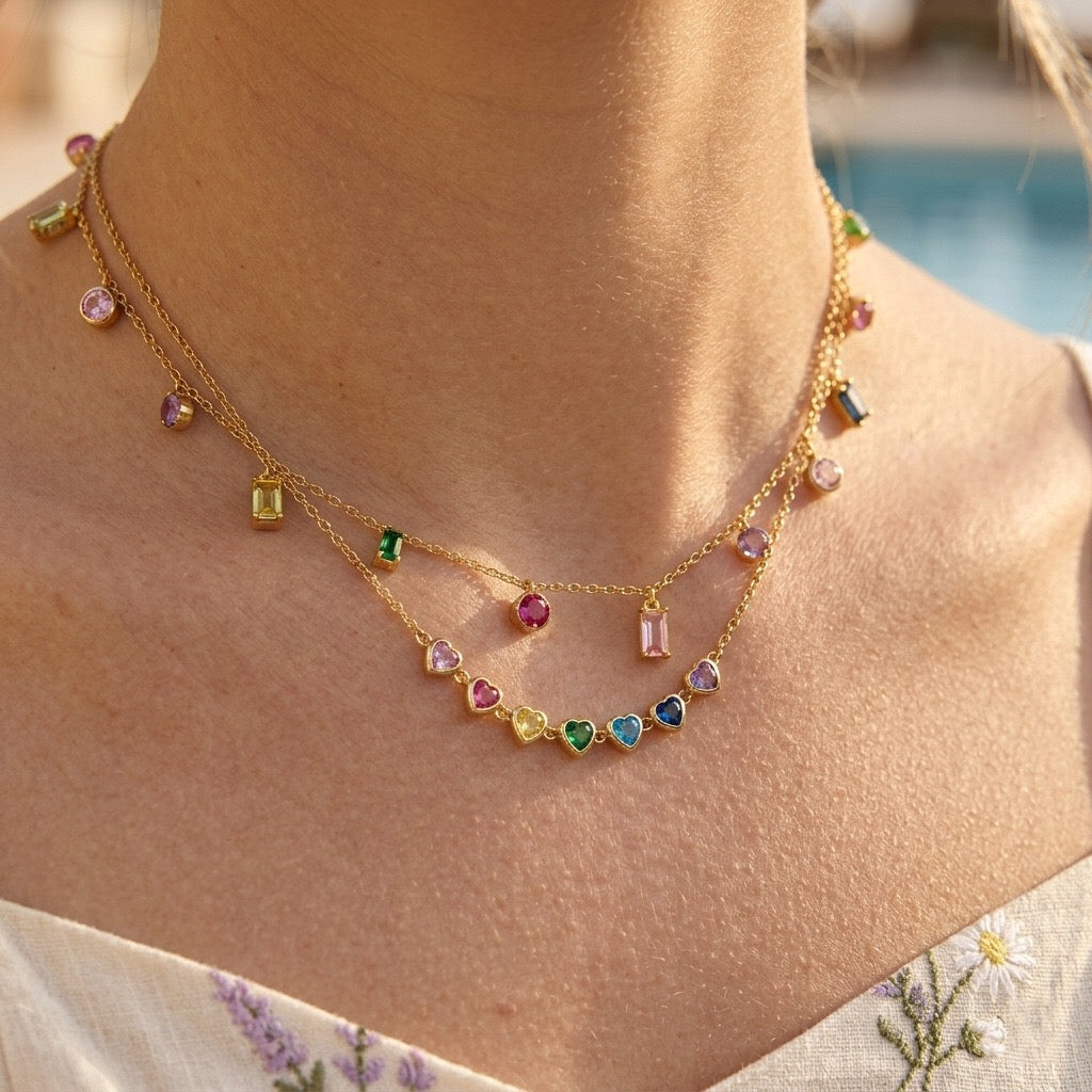 18K Gold Color Me Yours Rainbow Heart Pendant Dainty Chain Layered Necklace Set