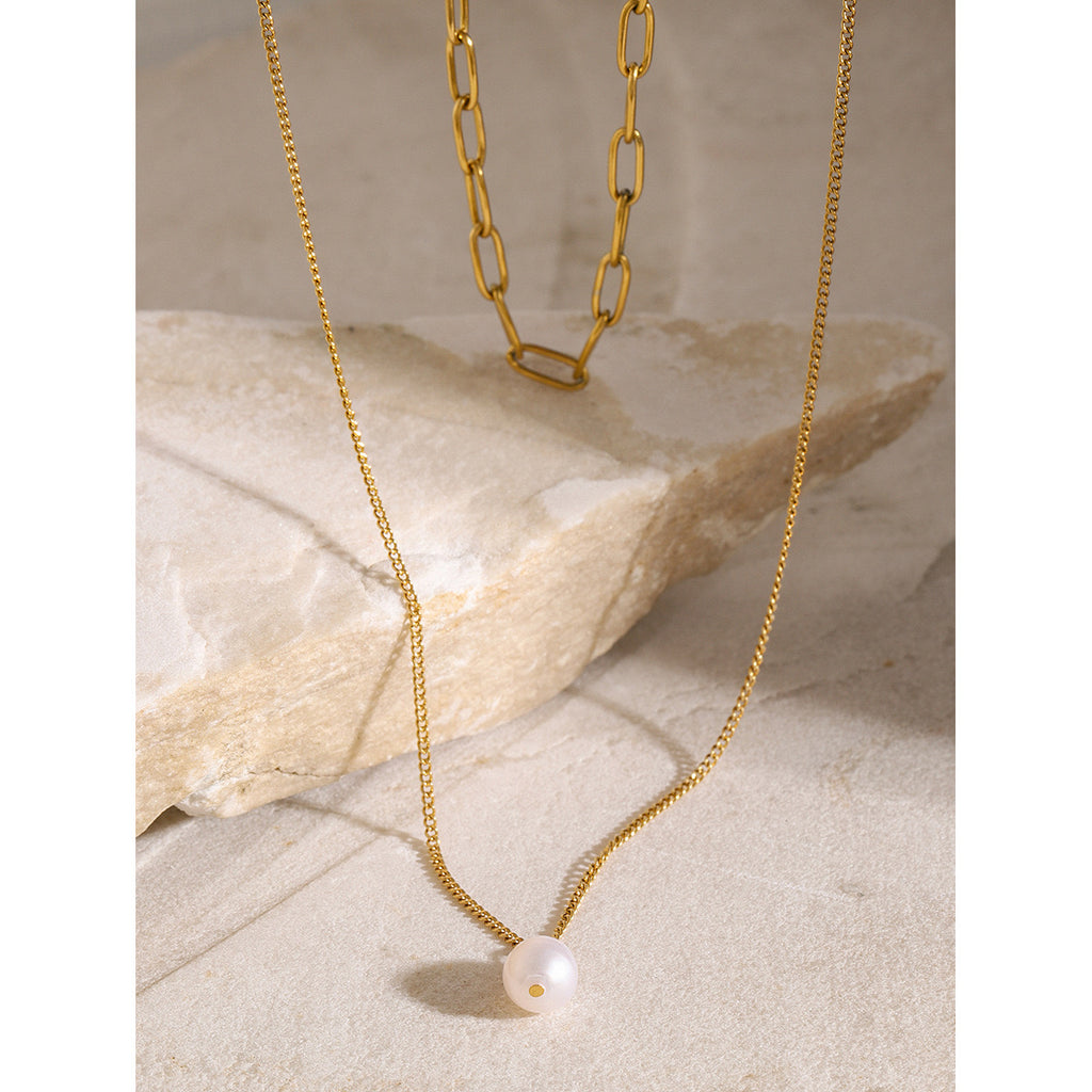 18K Gold Paperclip Chain Pearl Pendant Layered Necklace Set