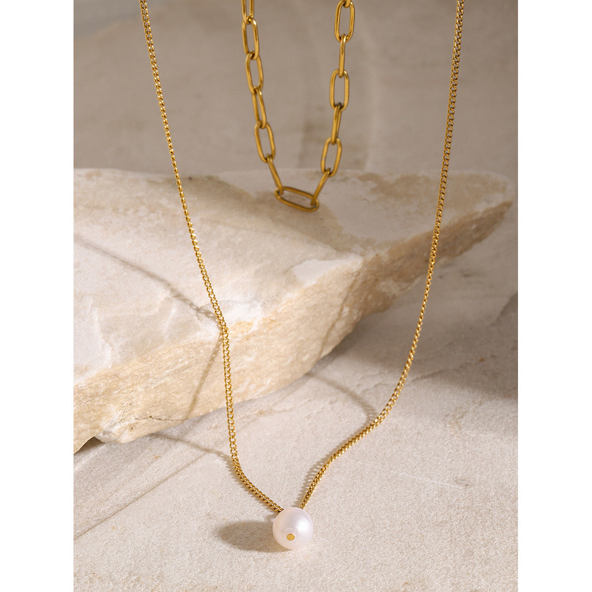 18K Gold Paperclip Chain Pearl Pendant Layered Necklace Set
