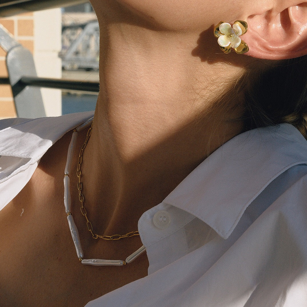 18K Gold Elegance Long Paper Clip Chain Layered Necklace Set