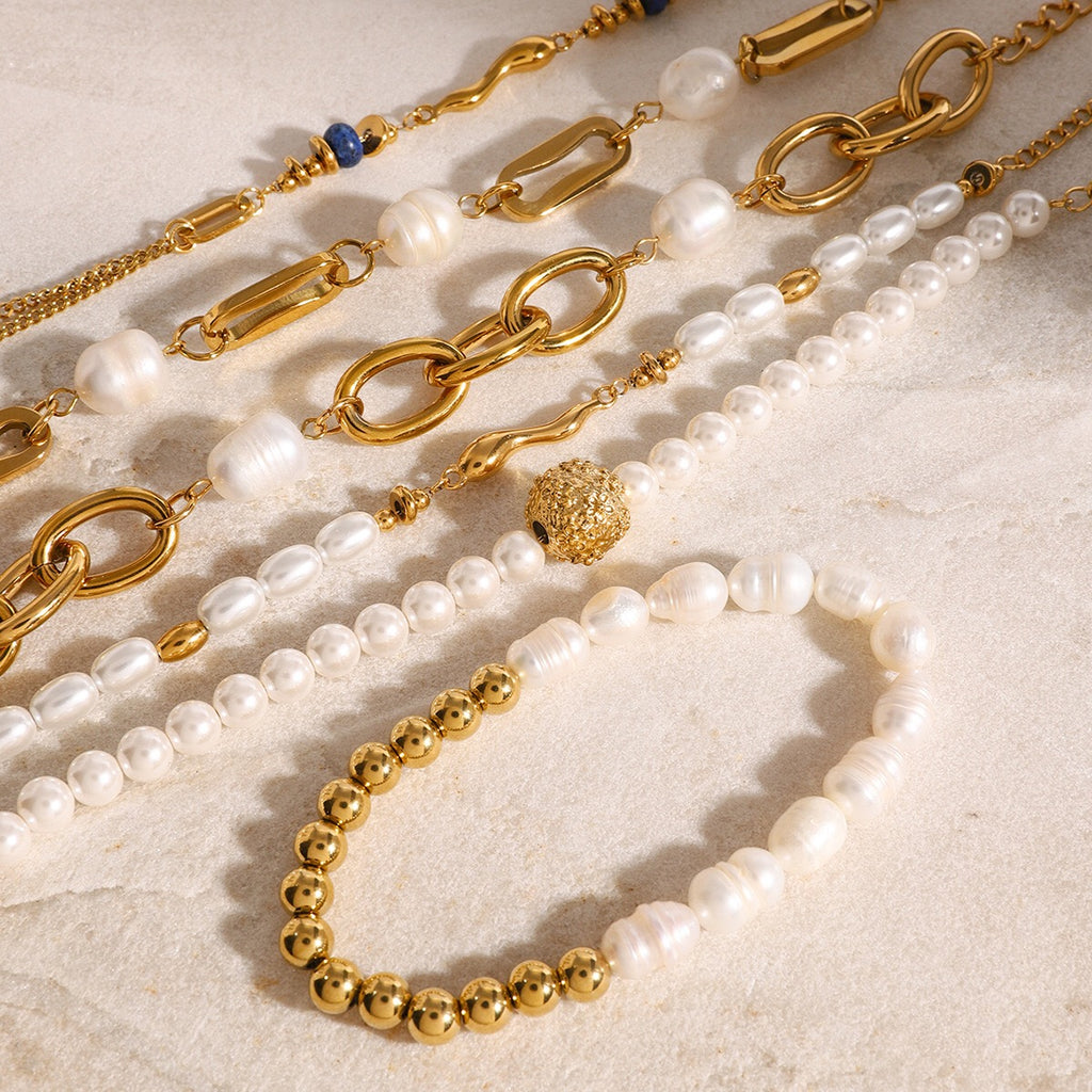 18K Gold Elegant Harmony Pearl Paperclip Chain Bracelet Stack