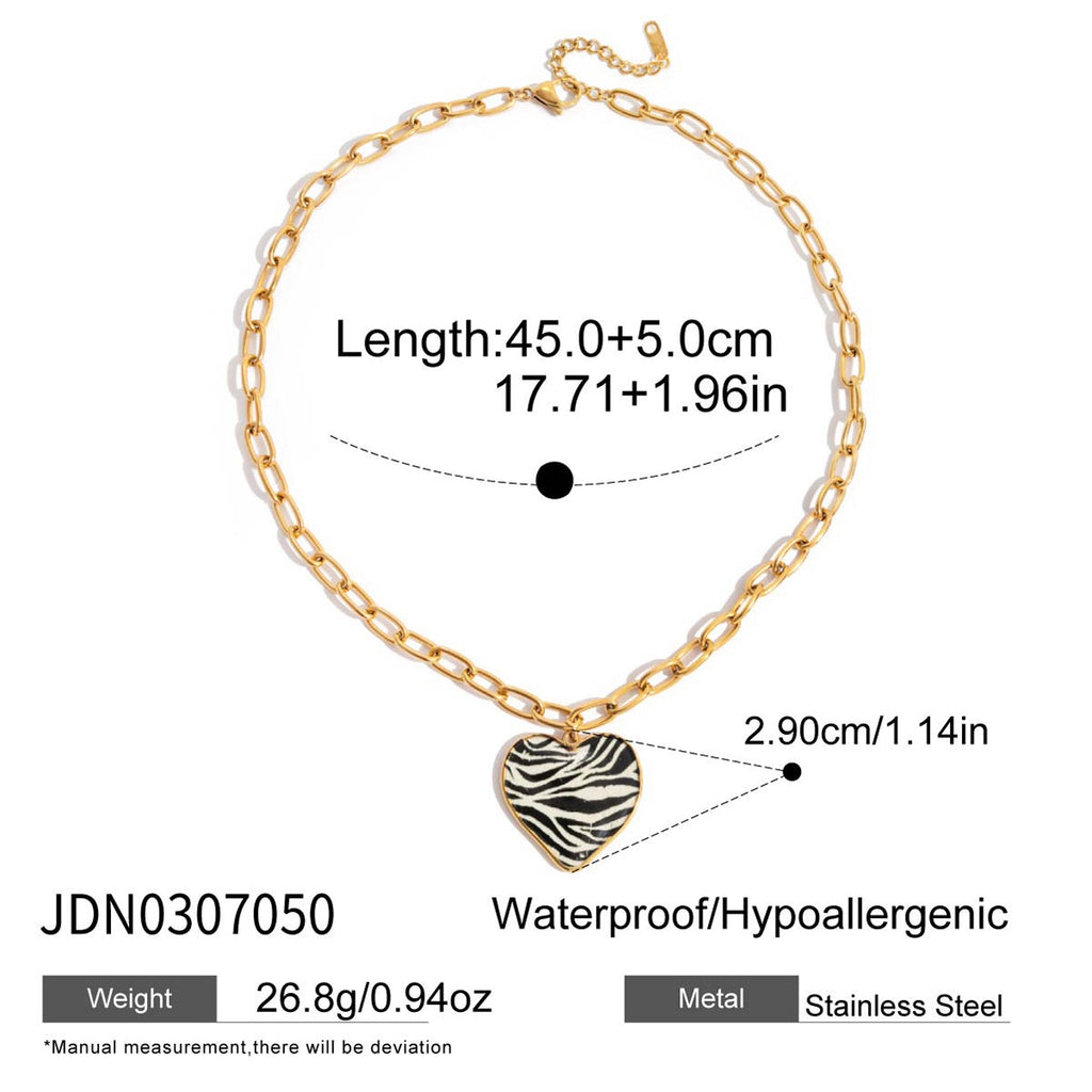 18K Gold Zebra Print Heart Pedant Paper Clip Chain Beaded Pearl Layered Necklace Set