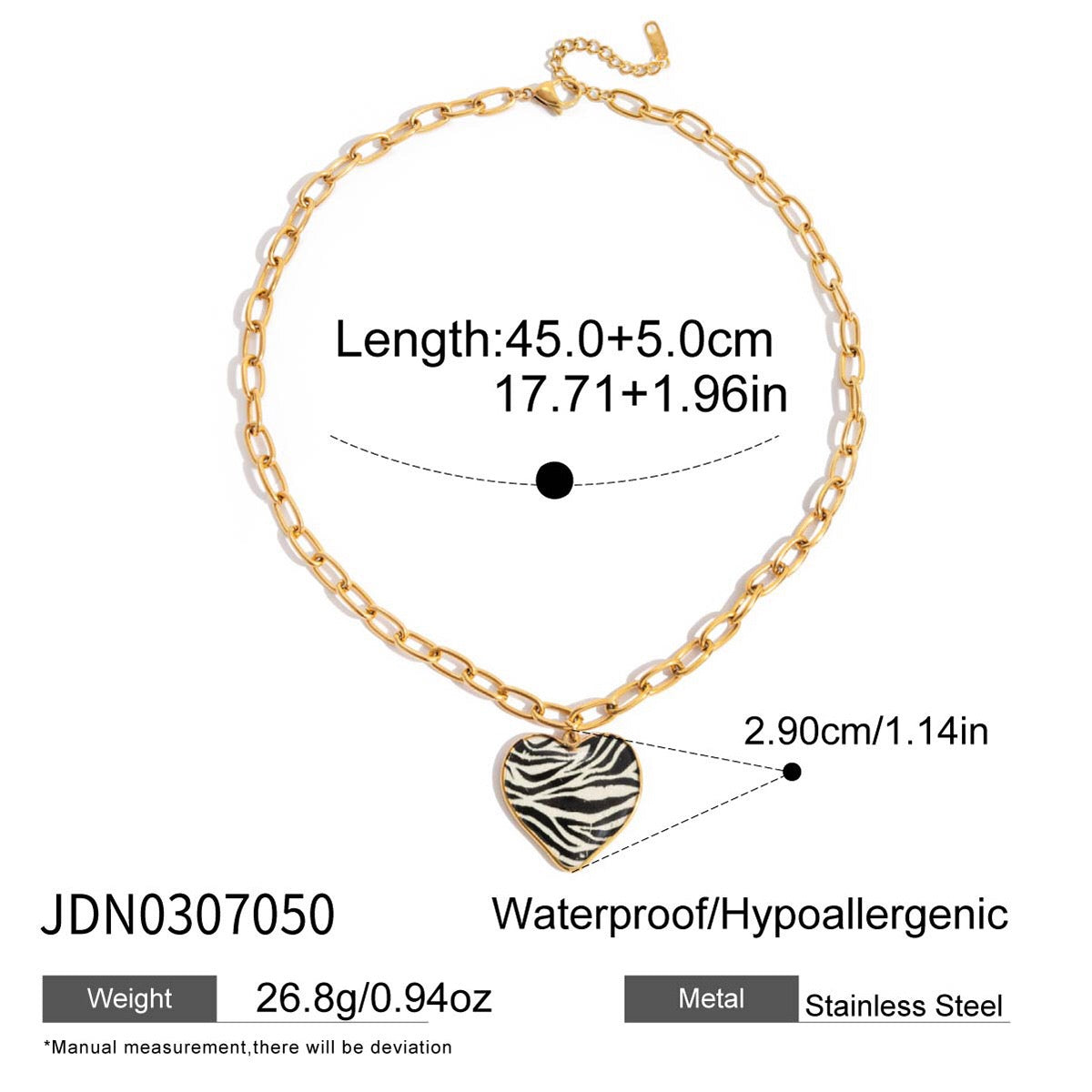 18K Gold Zebra Print Heart Pedant Paper Clip Chain Beaded Pearl Layered Necklace Set