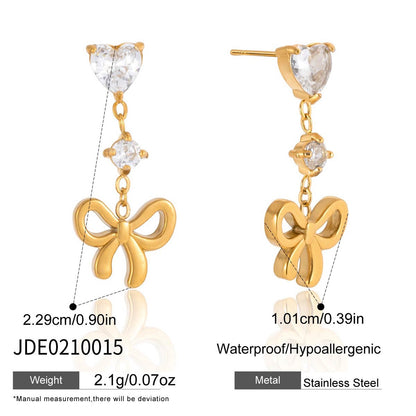 18K Gold Little Bow Charm Dangle Stud Earrings
