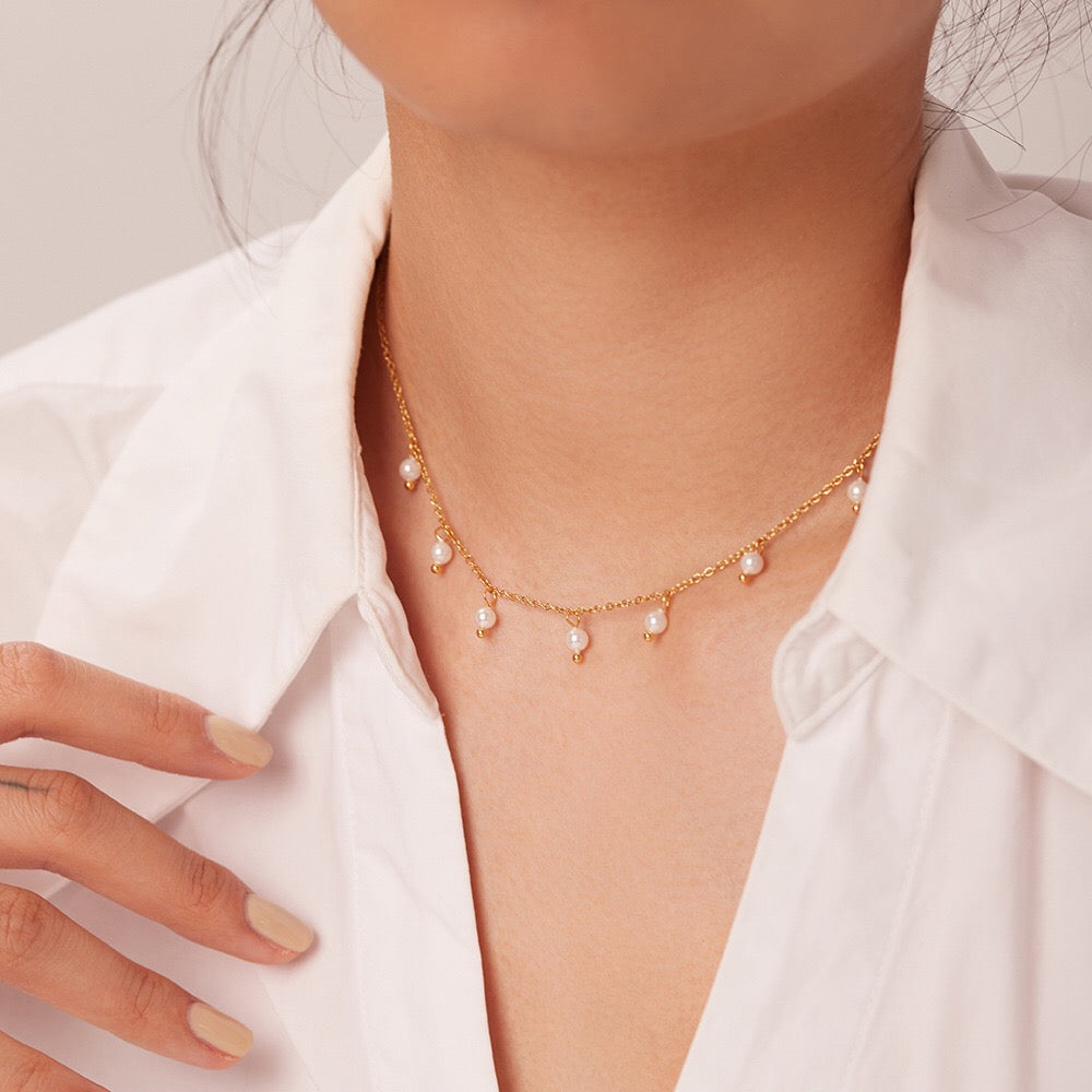 18K Gold Dainty Floating Pearl Chain Necklace