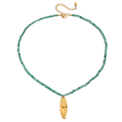 18K Gold Fresh Breeze Green Beaded Pendant Charm Layered Necklace Set
