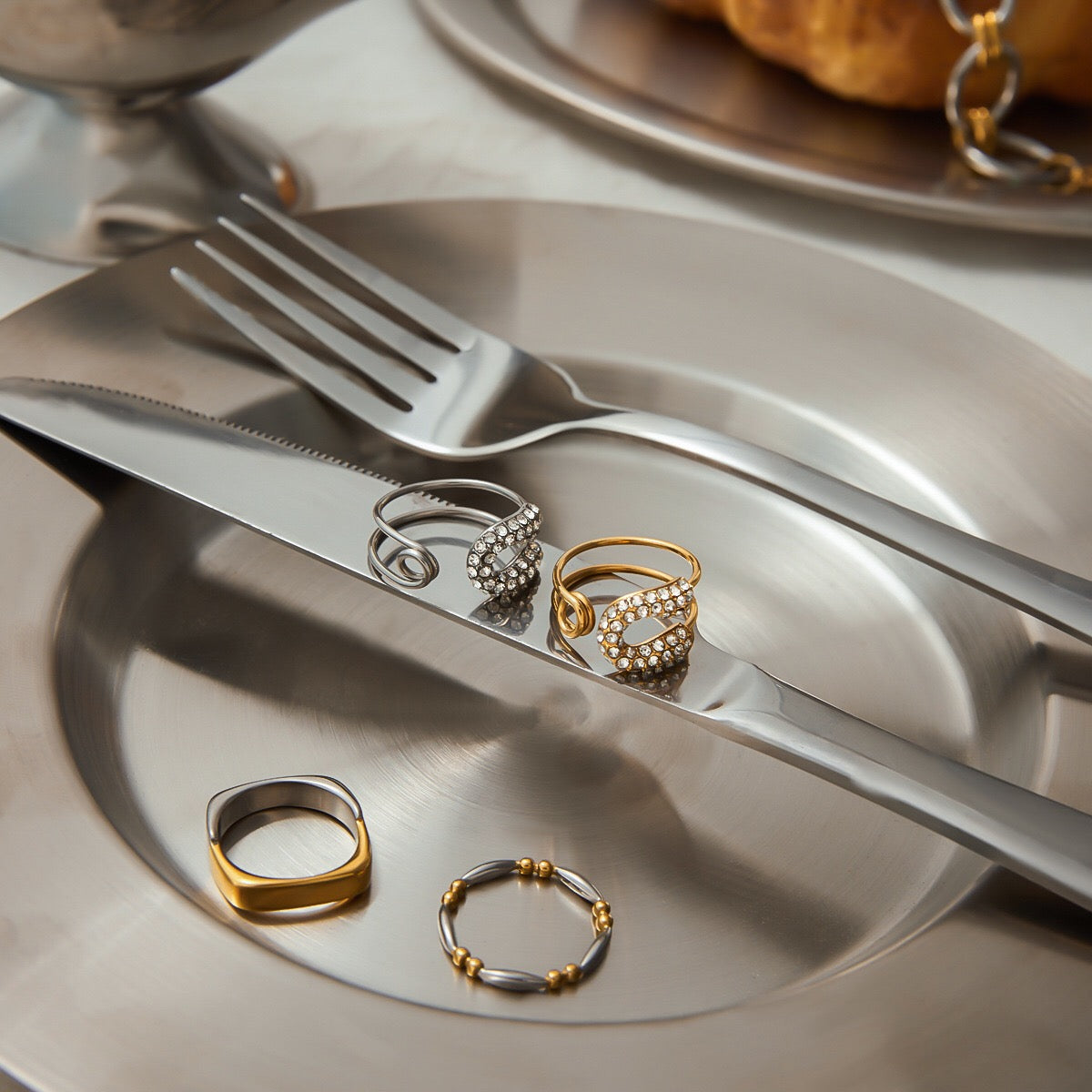 18K Gold Bejeweled Safety Pin Cuff Stacking Ring