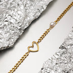 18K Gold Heart Safety Pin Pearl Cuban Curb Chain Necklace