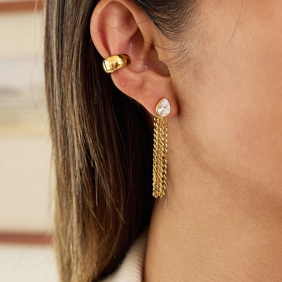 18K Gold Soft Sway Chain Drop Dangle CZ Stud Earrings