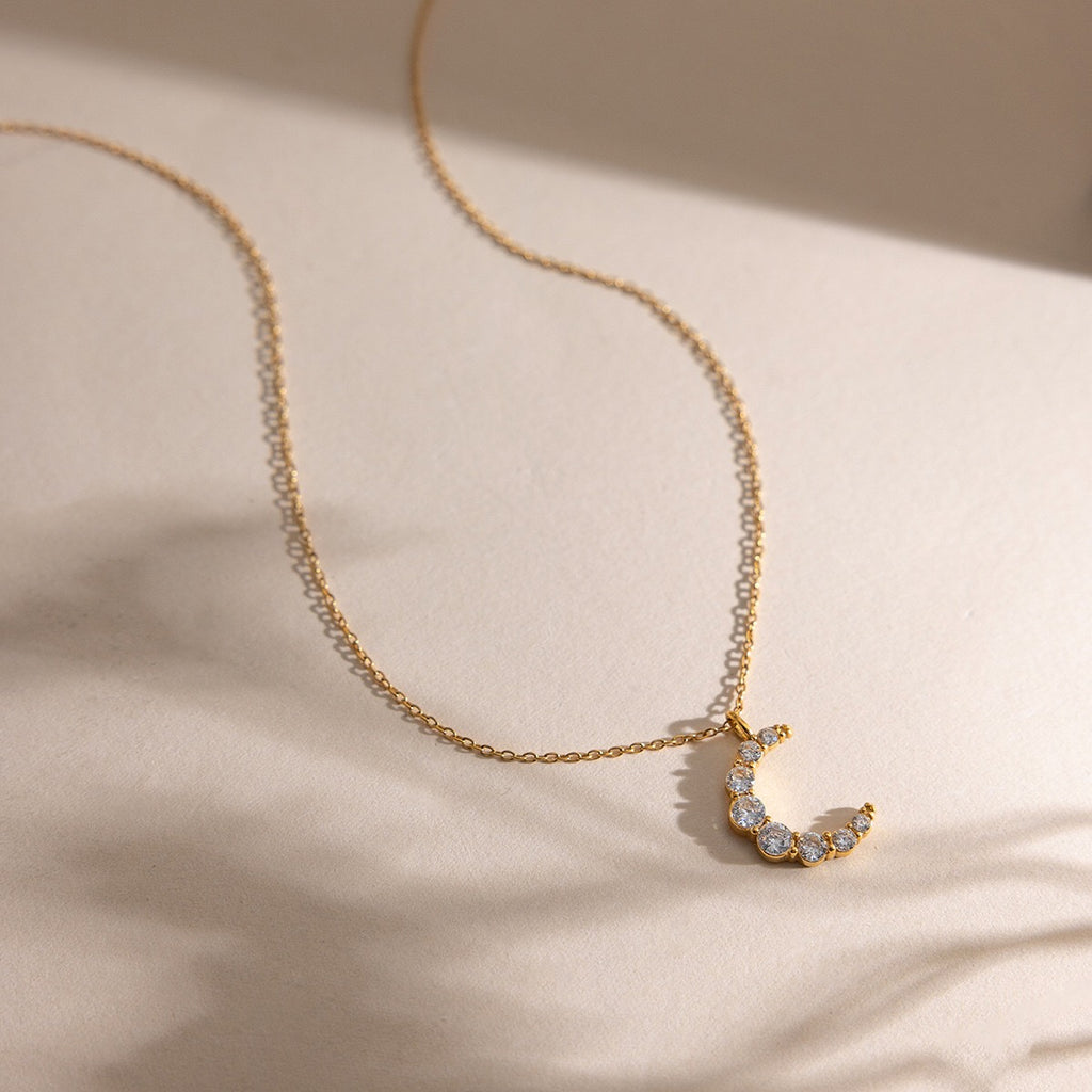 18K Gold Luna Pave Moon Dainty Pendant Necklace