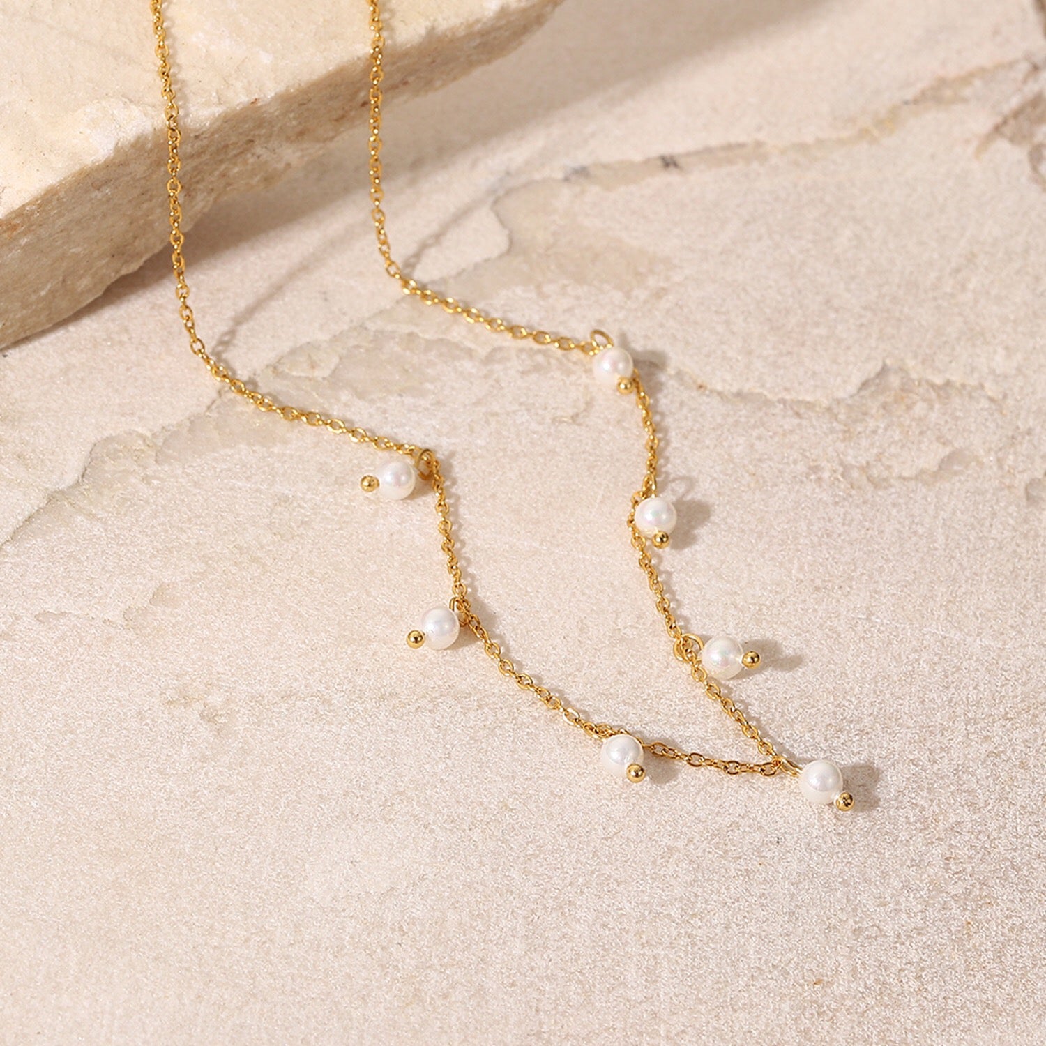18K Gold Dainty Floating Pearl Chain Necklace