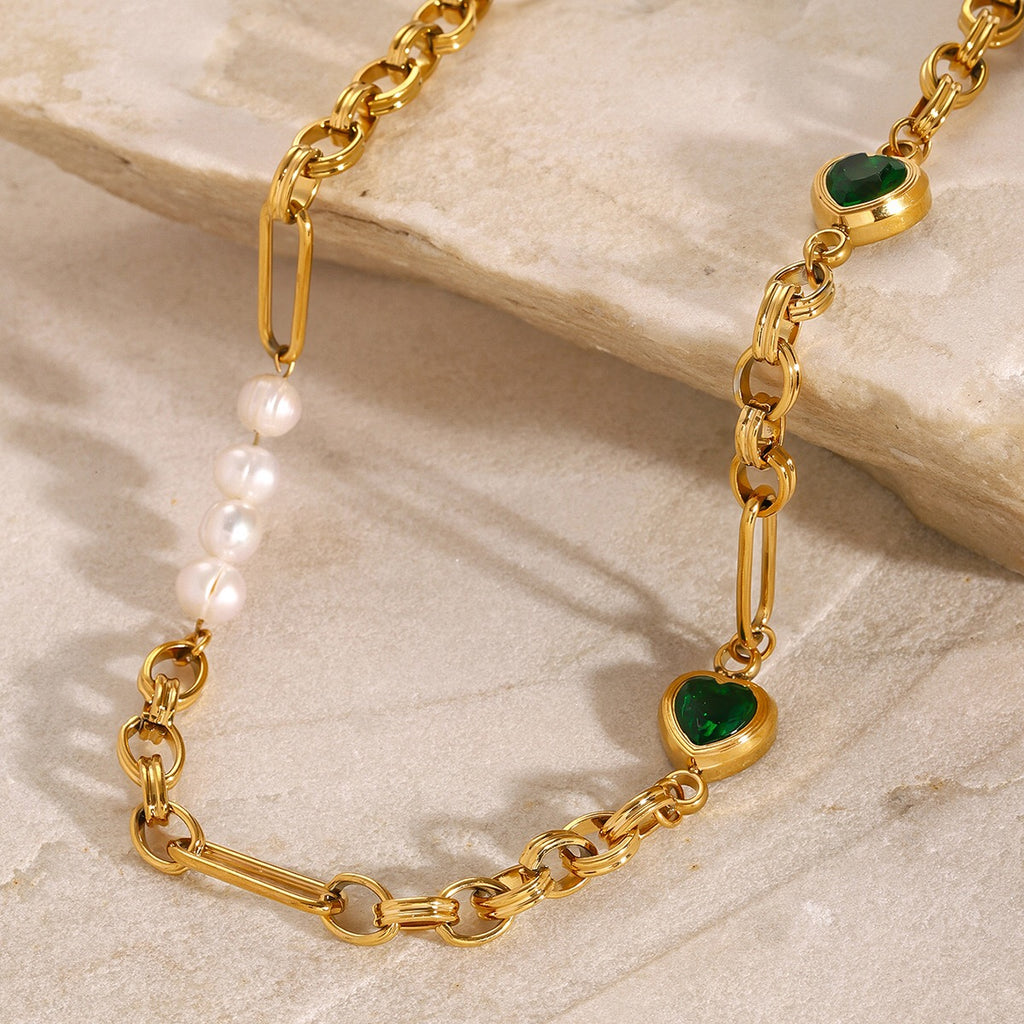 18K Gold Emerald Heart Pearl Beads Chunky Chain Necklace