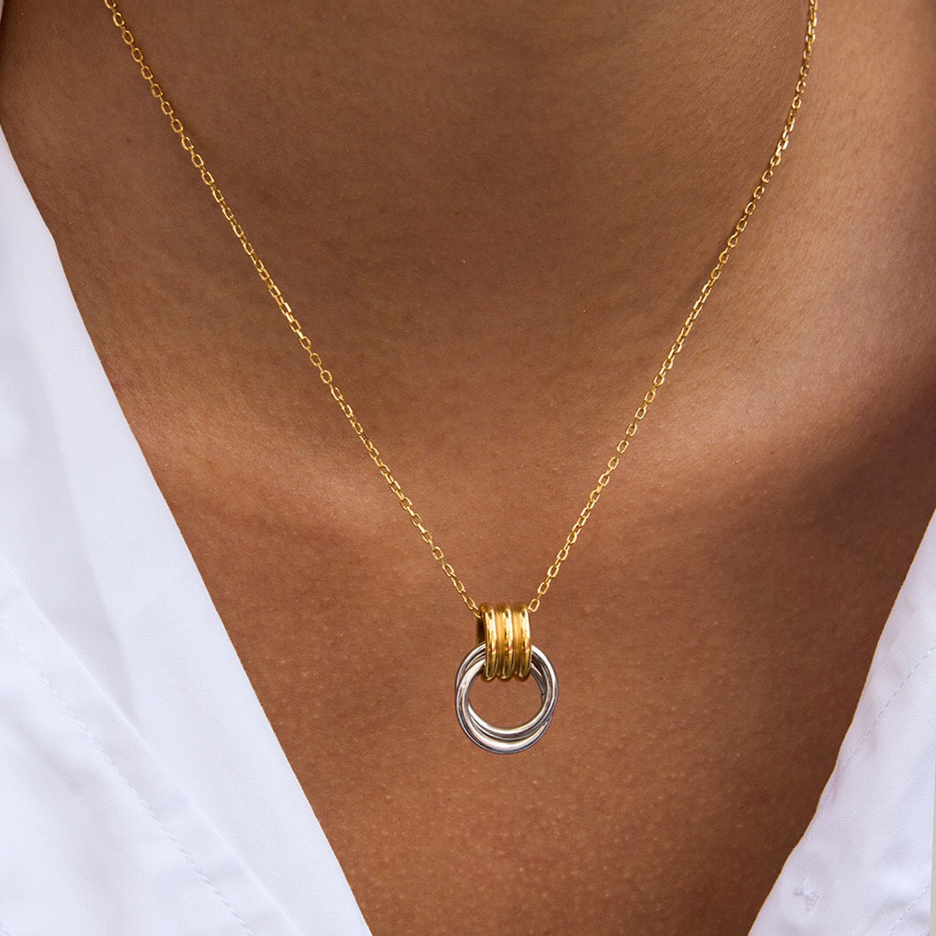 18K Gold and Silver Two Tone Geometric Pendant Necklace