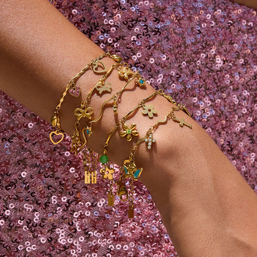18K Gold Flirt Flower Bow Heart Charm Chain Bracelet Stack