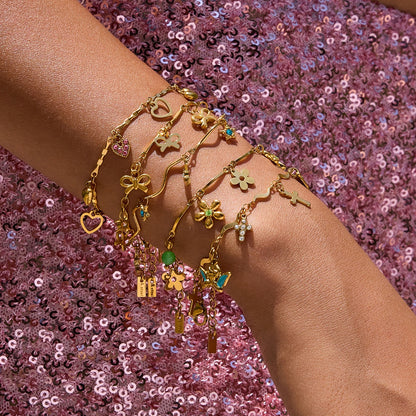 18K Gold Flirt Flower Bow Heart Charm Chain Bracelet Stack