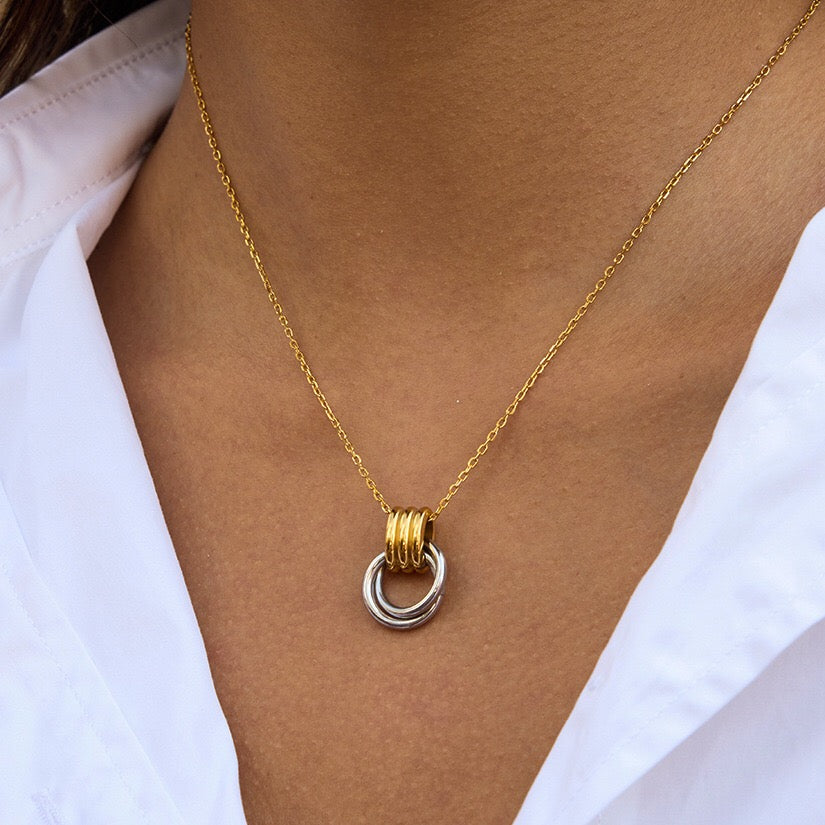 18K Gold and Silver Two Tone Geometric Pendant Necklace