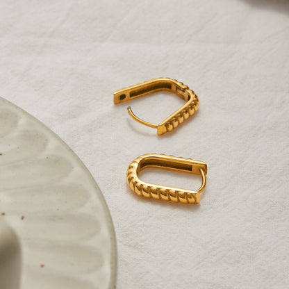 18K Gold Bare Ribbed Rectangle Huggie Earrings Cartilage Hoops Stack