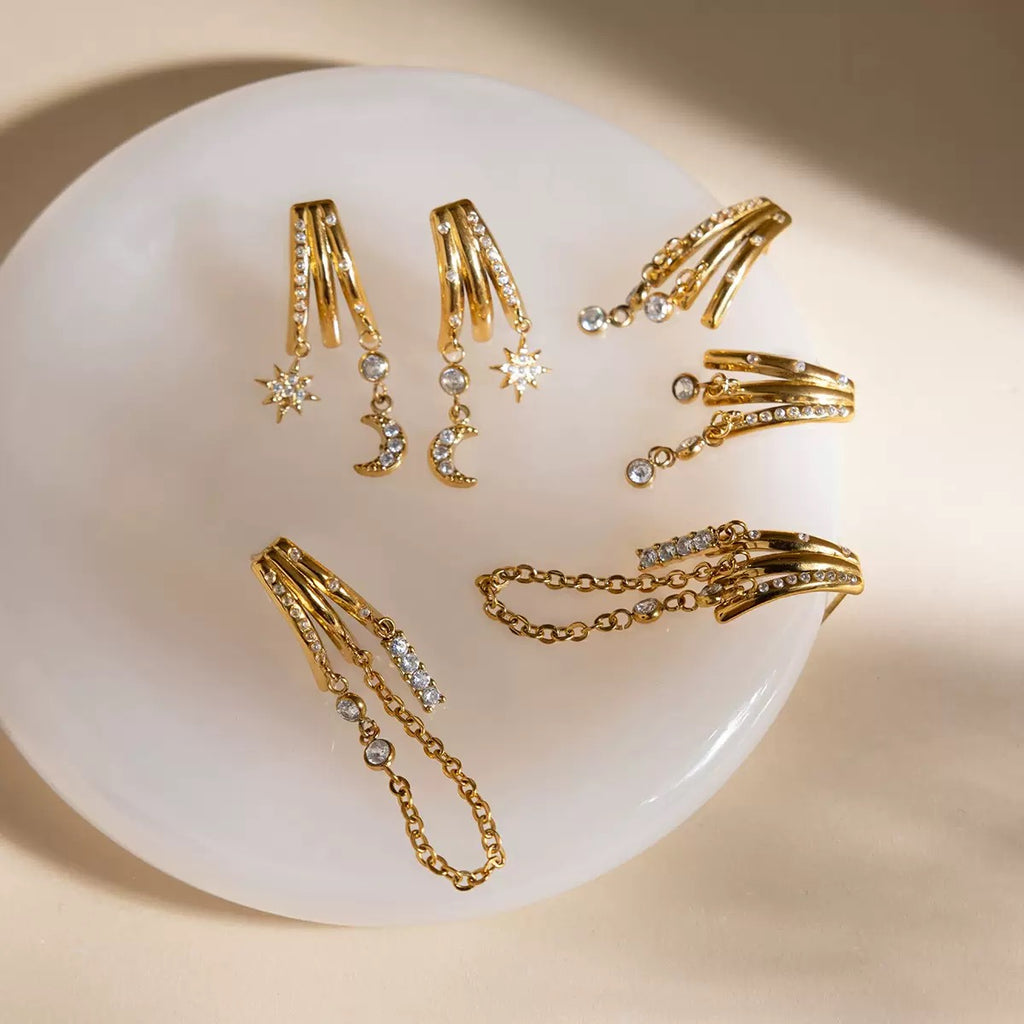 18K Gold Moon Kiss Dangle Huggie Earrings