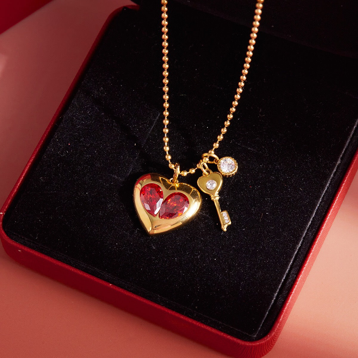 18K Gold Amour Red Heart Pendant Key Cross Charm Necklace