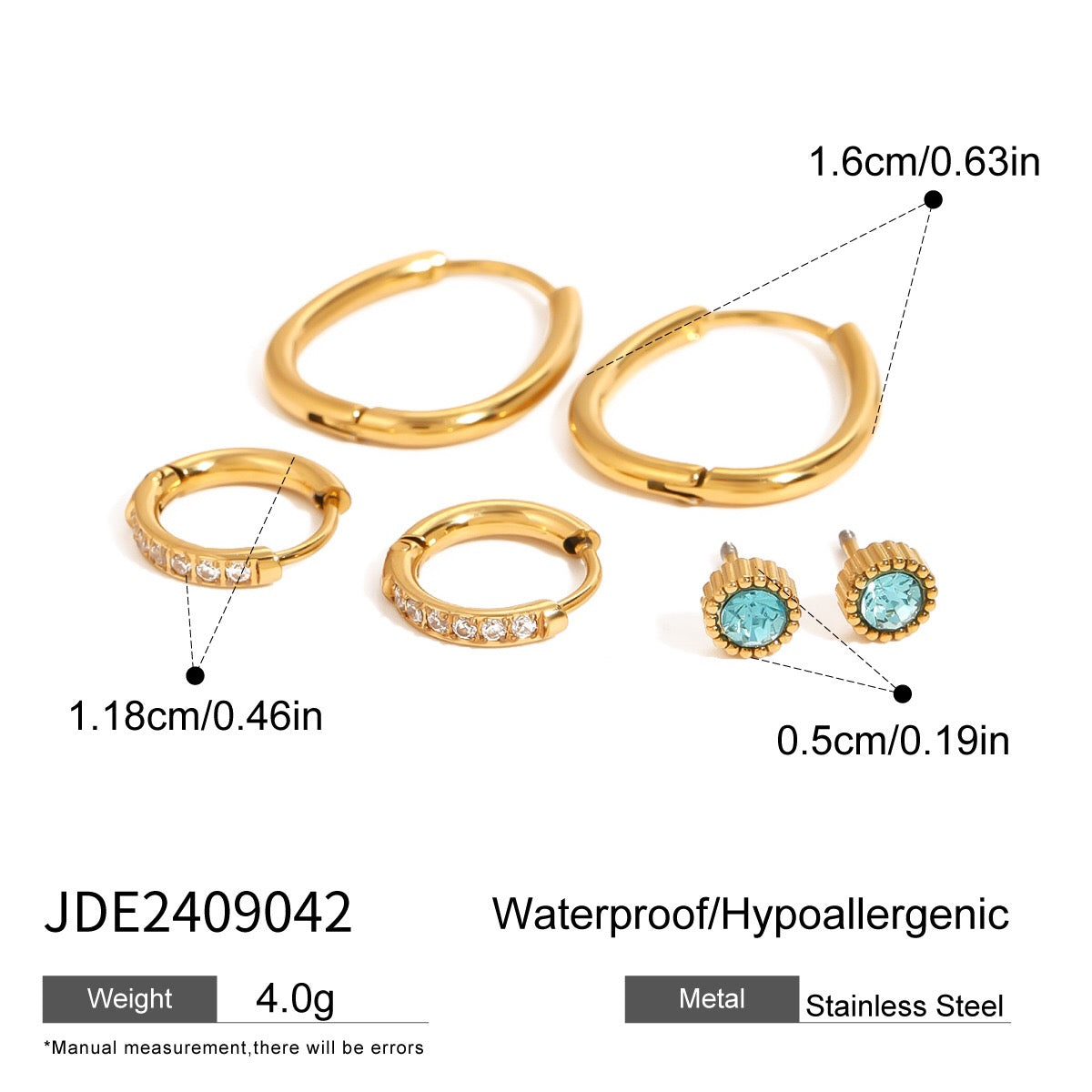 18K Gold Refined Aquamarine Huggie Hoop Earrings Cartilage Ear Studs Set