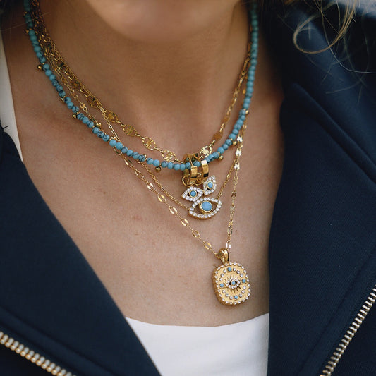 18K Gold Turquoise Evil Eye Pendant Beaded Statement Layered Necklace Set