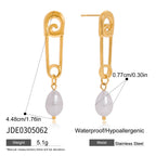 18K Gold Safety Pin Pearl Statement Dangle Stud Earrings