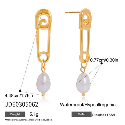 18K Gold Safety Pin Pearl Statement Dangle Stud Earrings
