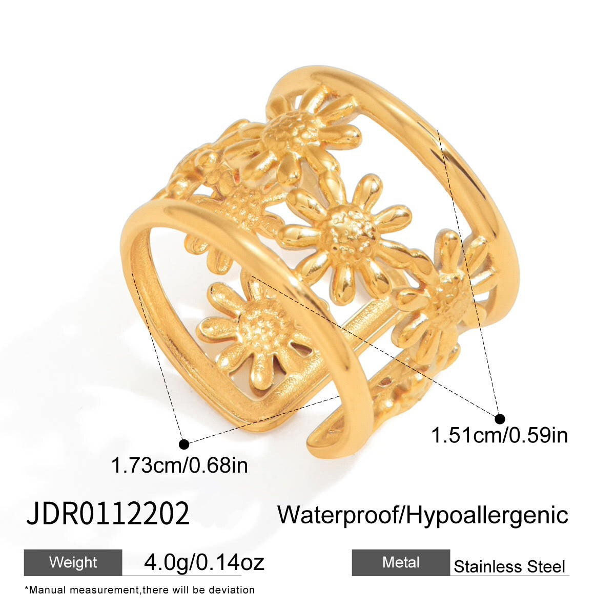 18K Gold and Silver Two Tone Wild Bloom Flower Statement Bangle Cuff Bracelet