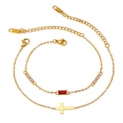 18K Gold Cross Birthstone Bracelets Set