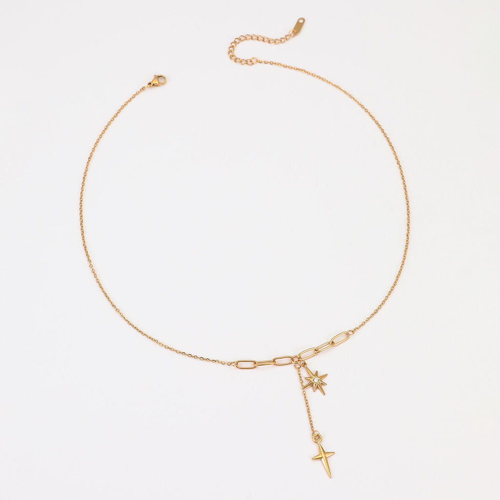 18K Gold Starburst Pendant Chain Lariat Necklace