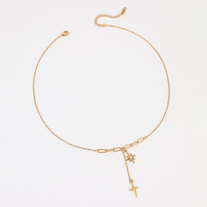 18K Gold Starburst Pendant Chain Lariat Necklace