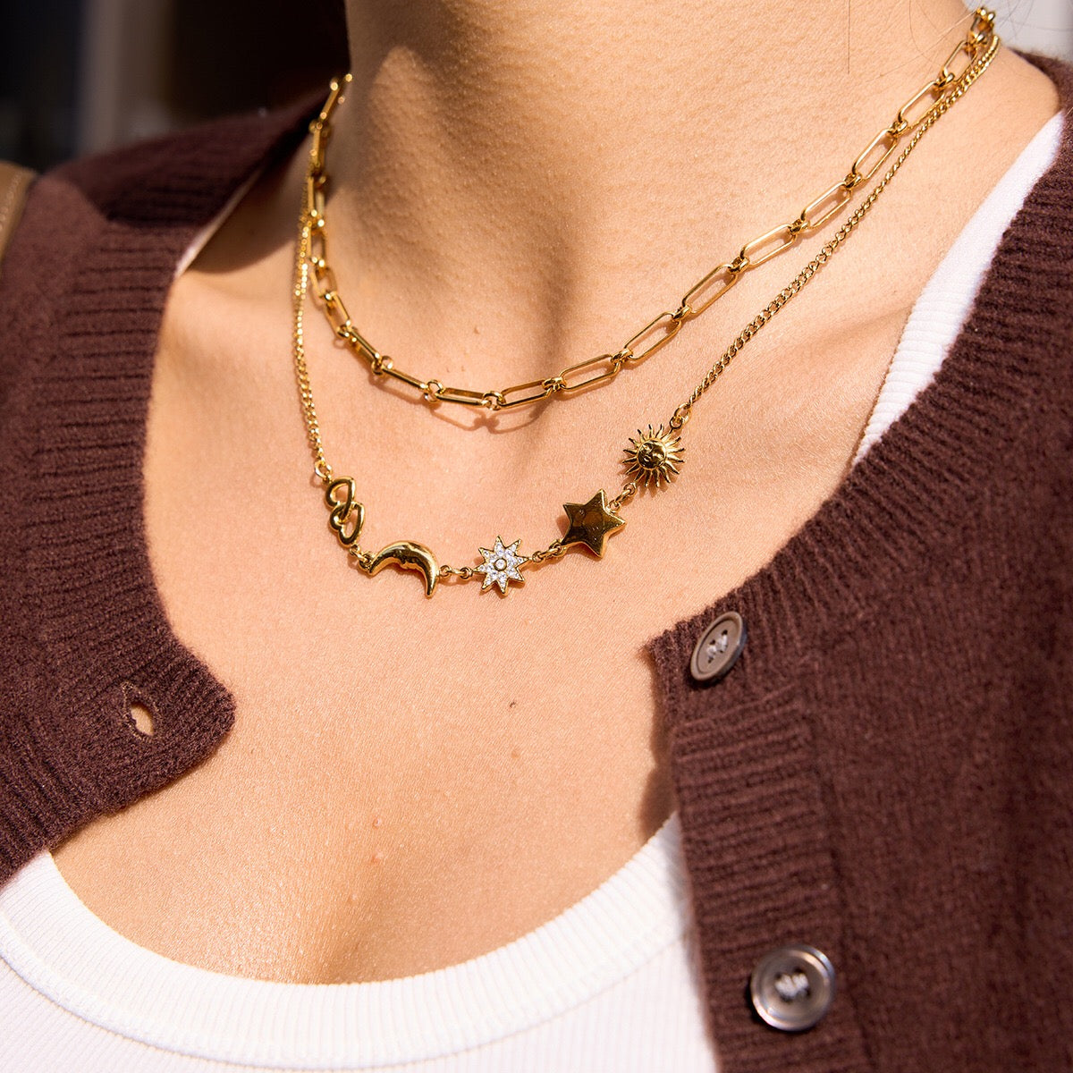 18K Gold Celestial Dream Sun Moon Star Heart Charm Necklace