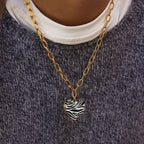 18K Gold Zebra Print Heart Pedant Paper Clip Chain Beaded Pearl Layered Necklace Set