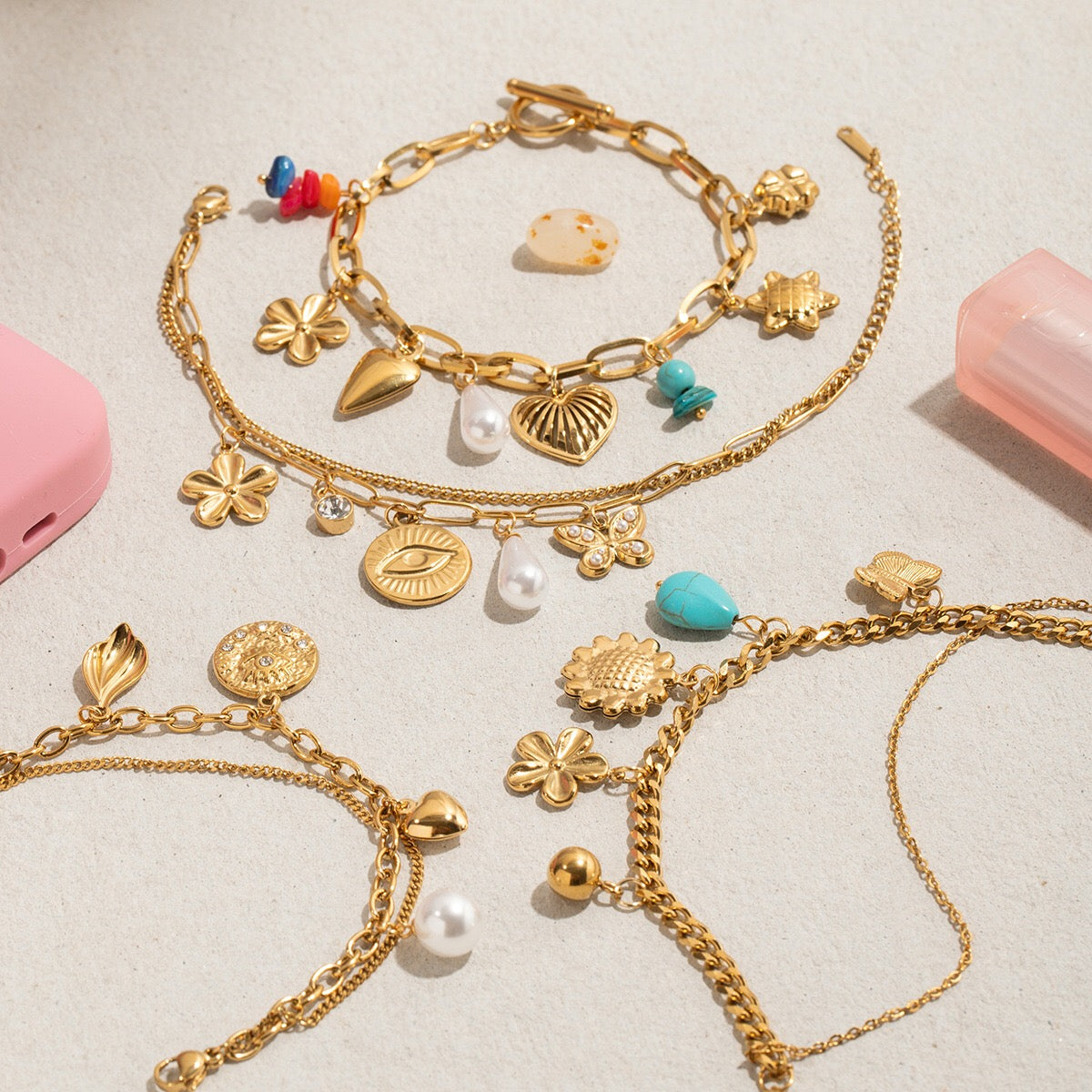 18K Gold Summer Fling Turquoise Chunky Charm Bracelet