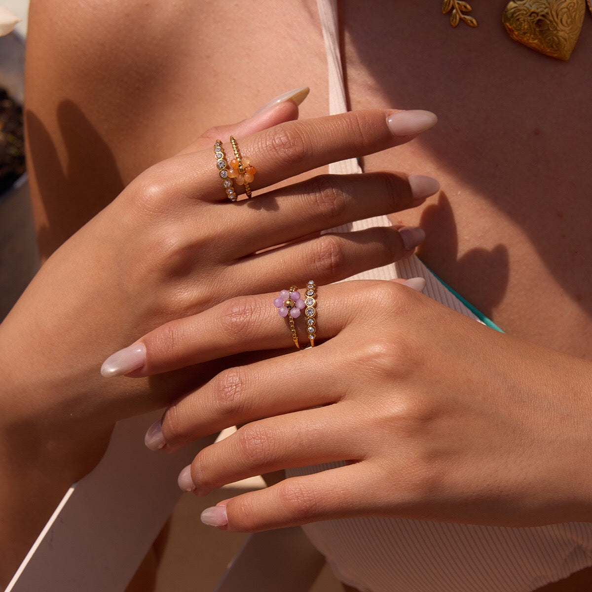 18K Gold Pastel Color Bejeweled Flower Ring