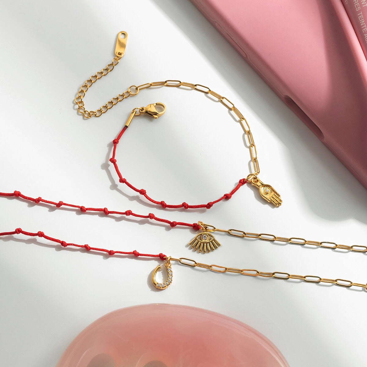 18K Gold Grace Knot Red String Lucky Charm Dainty Bracelet
