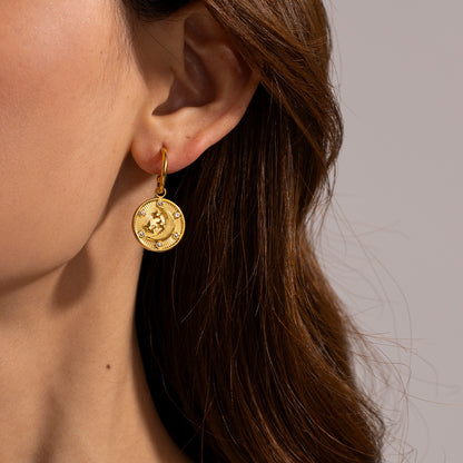 18K Gold Celestial Coin Huggie Earrings with Charm