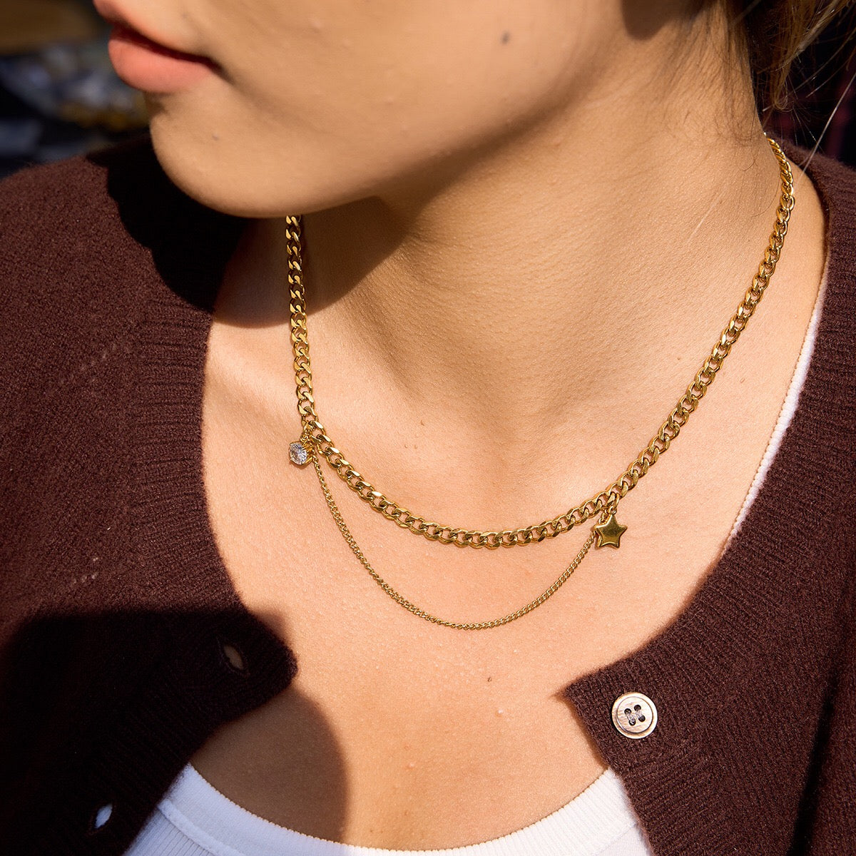 18K Gold Nova Star Cuban Link Chain Layered Necklace