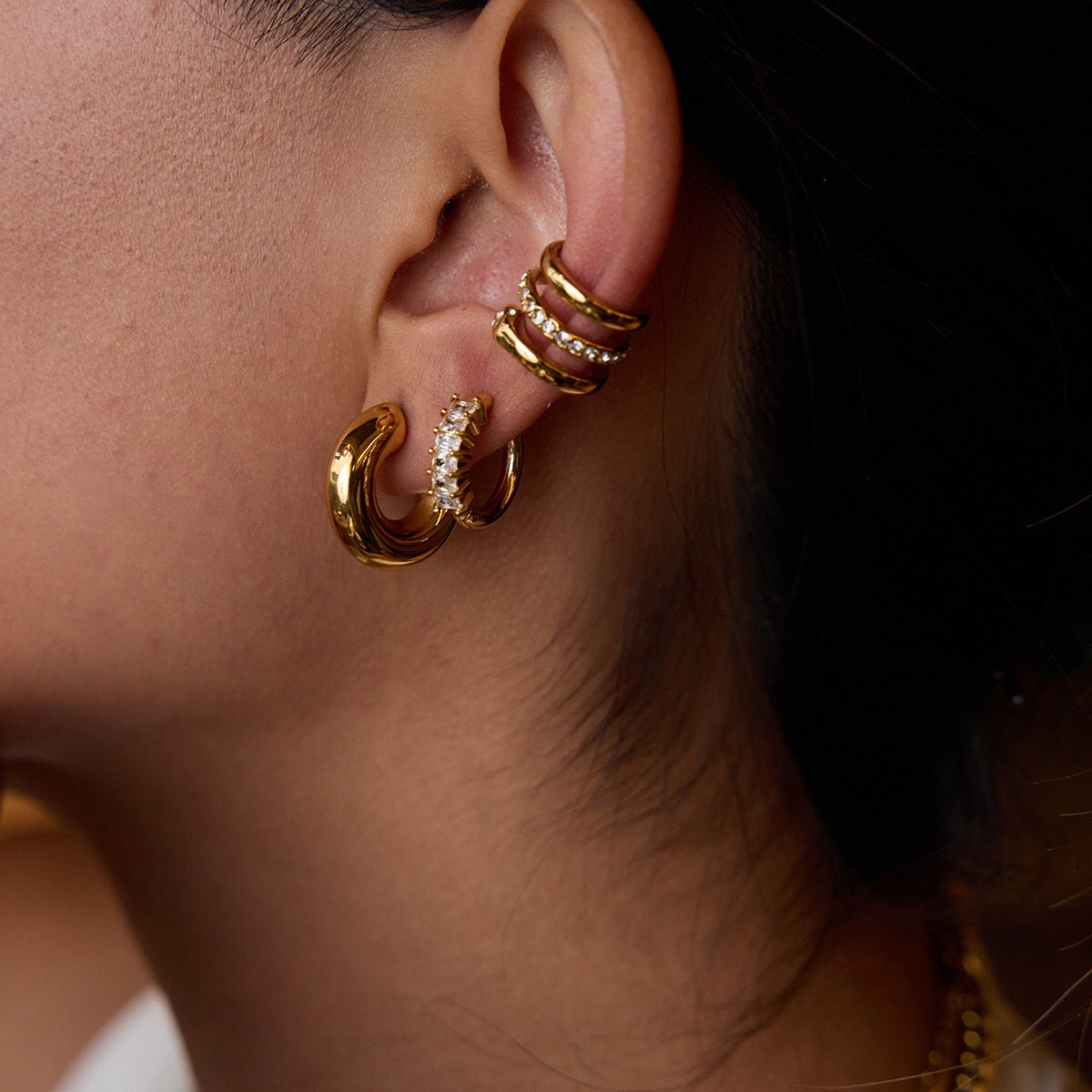 18K Gold Glory Bling Huggie Earrings Ear Cuff Set