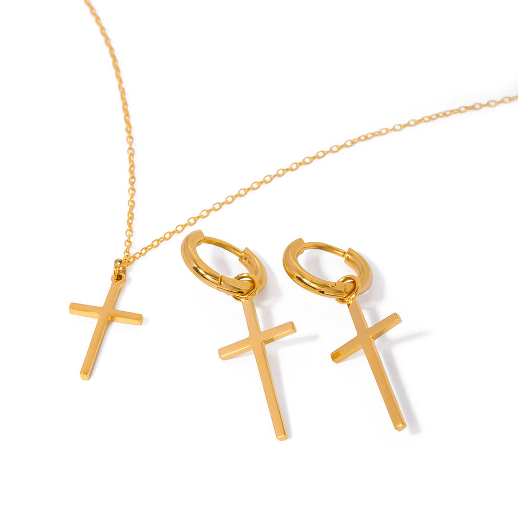 18K Gold Minimalist Cross Huggie Earrings With Charm