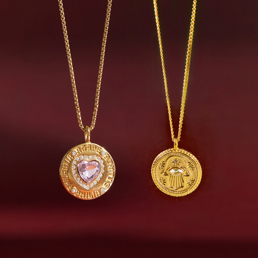 18K Gold Heart in Hand Pink Heart Hamsa Best Friend Coin Pendant Necklace